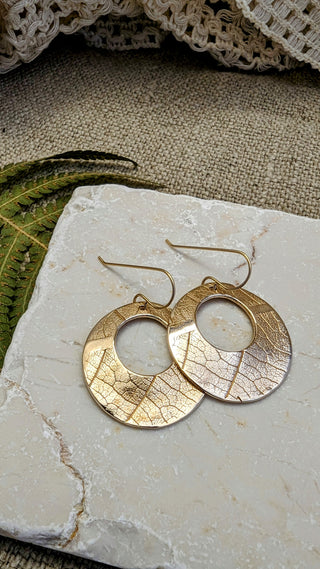 Earrings, Botanical print rings in bronze
