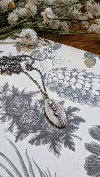 Antique silver medallion, Lavender Flowers