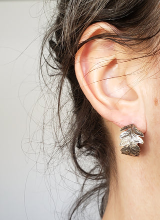 Fern leaf hoop earrings in oxidized silver