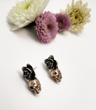 Skeleton and Flower Earrings, Bronze and Silver