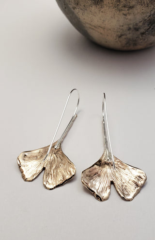 Boucles d'oreilles Feuilles de Ginkgo en bronze et argent