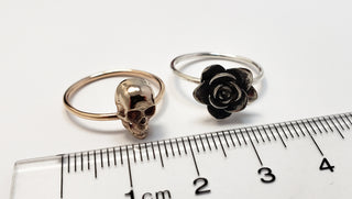 Double Skull and Flower ring in bronze, silver and Gold Filled