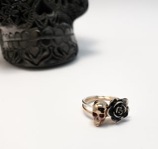 Double Skull and Flower ring in bronze, silver and Gold Filled