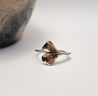 Bronze and silver Ginkgo leaf ring