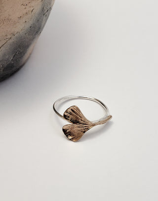 Bronze and silver Ginkgo leaf ring