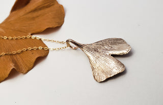 Ginkgo leaf necklace in bronze and Gold Filled 14k 