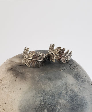 Fern leaf hoop earrings in oxidized silver