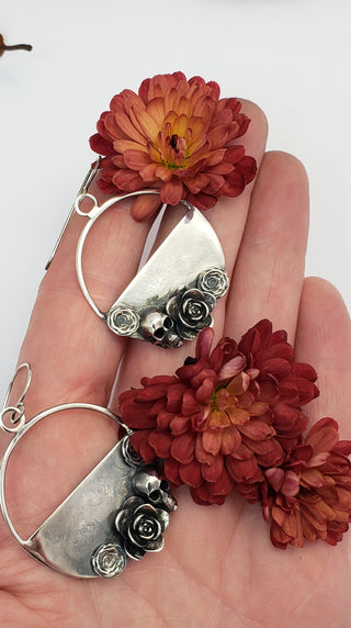 Skeleton and Flowers silver earrings