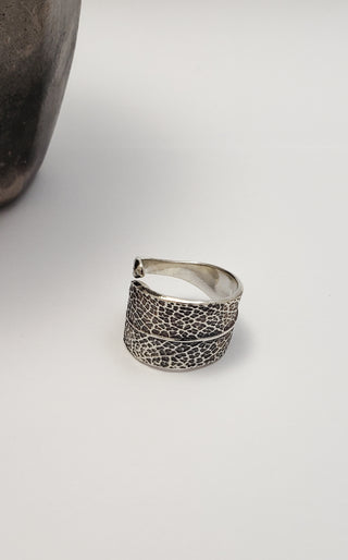Oxidized silver sage leaf ring