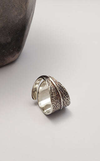 Oxidized silver sage leaf ring